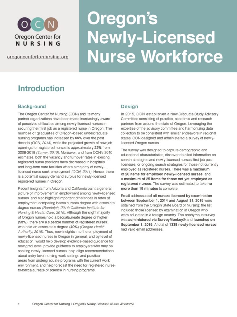 Cover of the Oregon Center for Nursing report examining 2016 workforce data for newly licensed nurses.