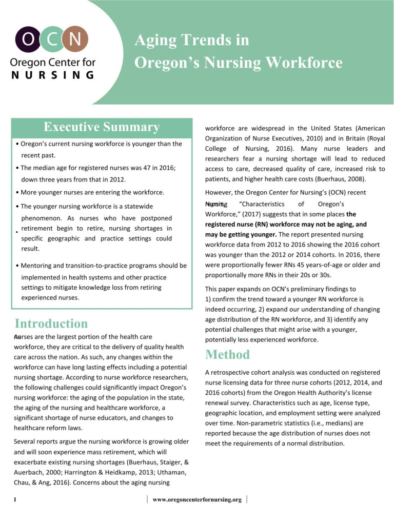 Cover Page for OCN's 2018 Aging Trends in Oregon's Nursing Workforce Report