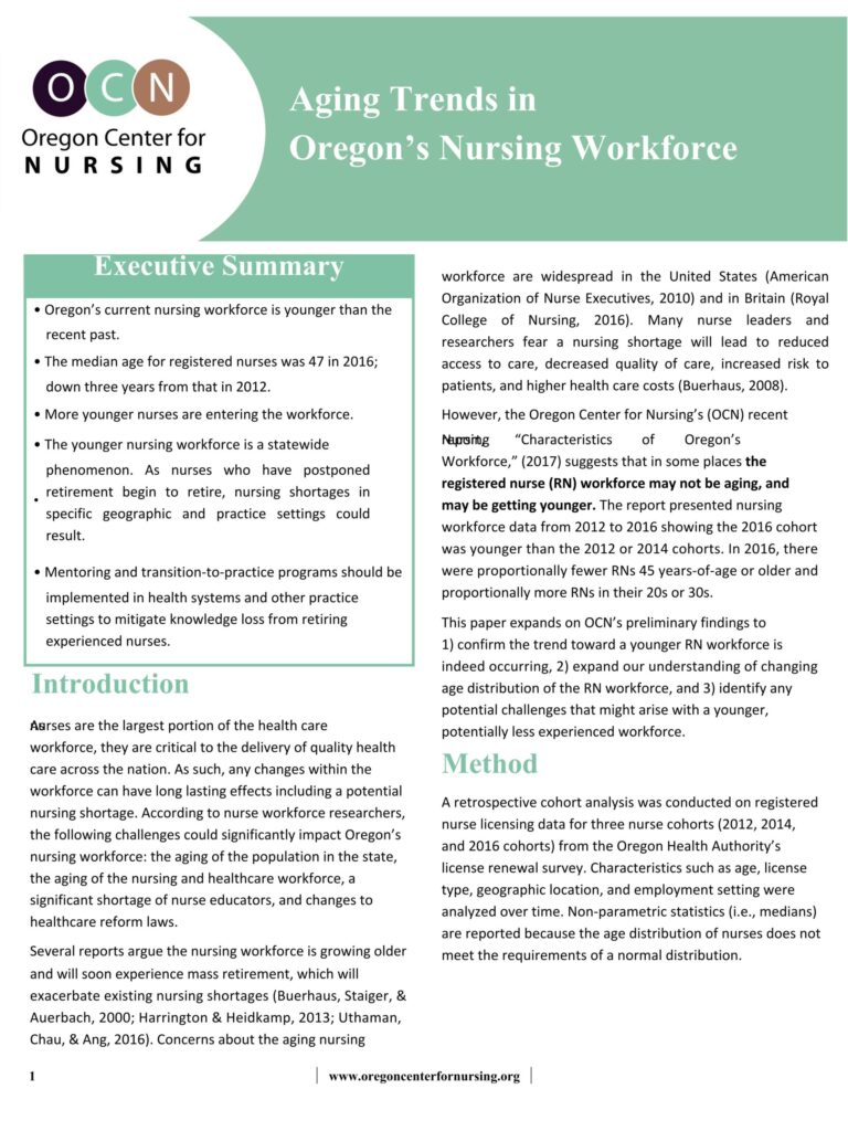 Cover image of the 2018 report on aging trends in Oregon's nursing workforce, published by the Oregon Center for Nursing.