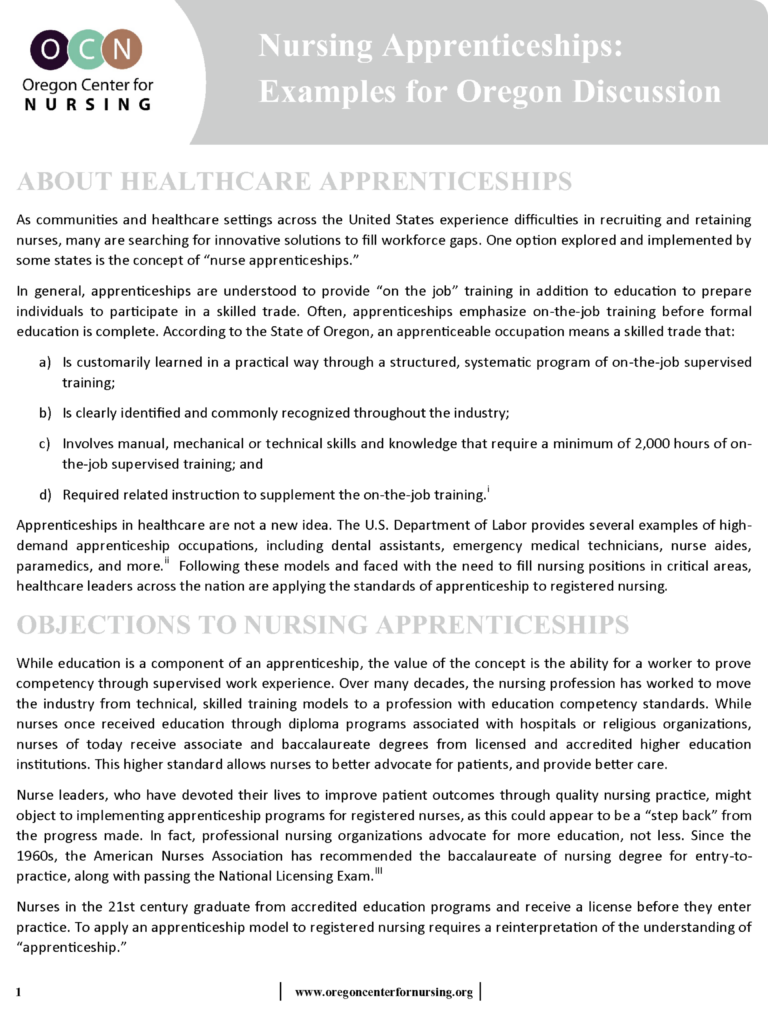 Cover image of the 2019 report on nursing apprenticeships and workforce strategies for Oregon