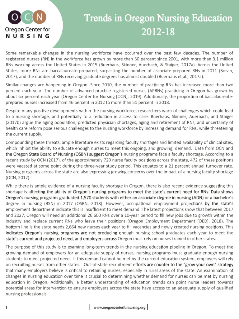 Cover image of the 2019 OCN report on nursing education trends in Oregon from 2012–2018