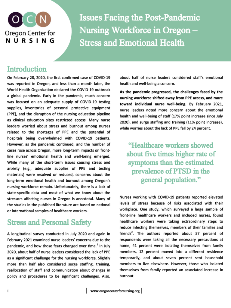 Cover of 2021 report: Issues Facing the Post-Pandemic Nursing Workforce in Oregon – Stress and Emotional Health
