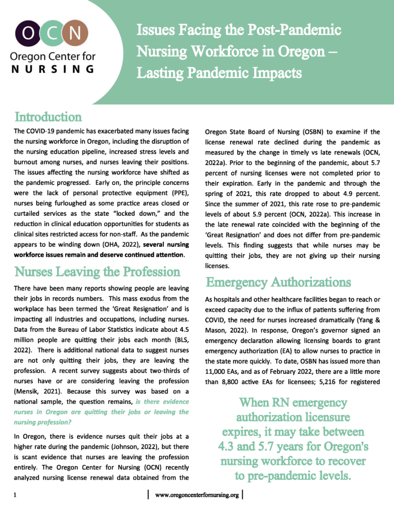 Report cover showing title "Issues Facing the Post-Pandemic Nursing Workforce in Oregon – Lasting Pandemic Impacts" published by the Oregon Center for Nursing