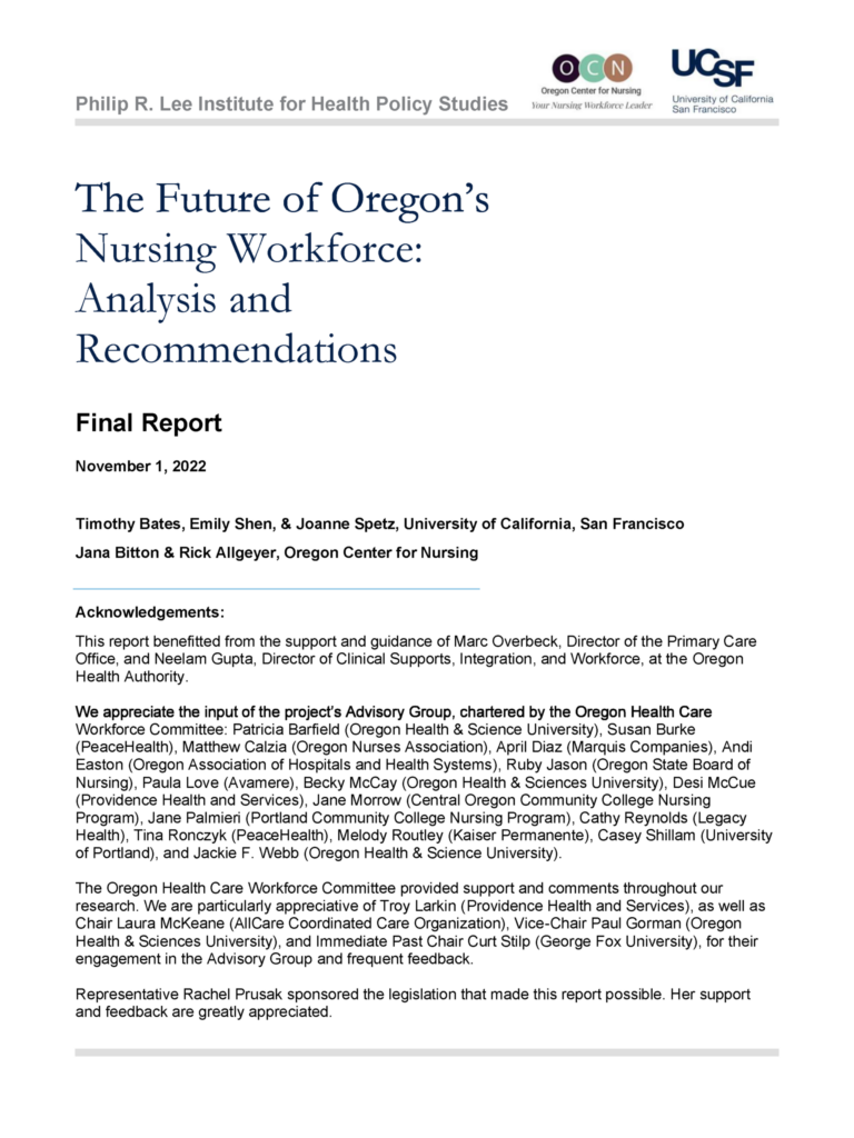 Report cover titled “The Future of Oregon’s Nursing Workforce: Analysis and Recommendations,” published in 2022.