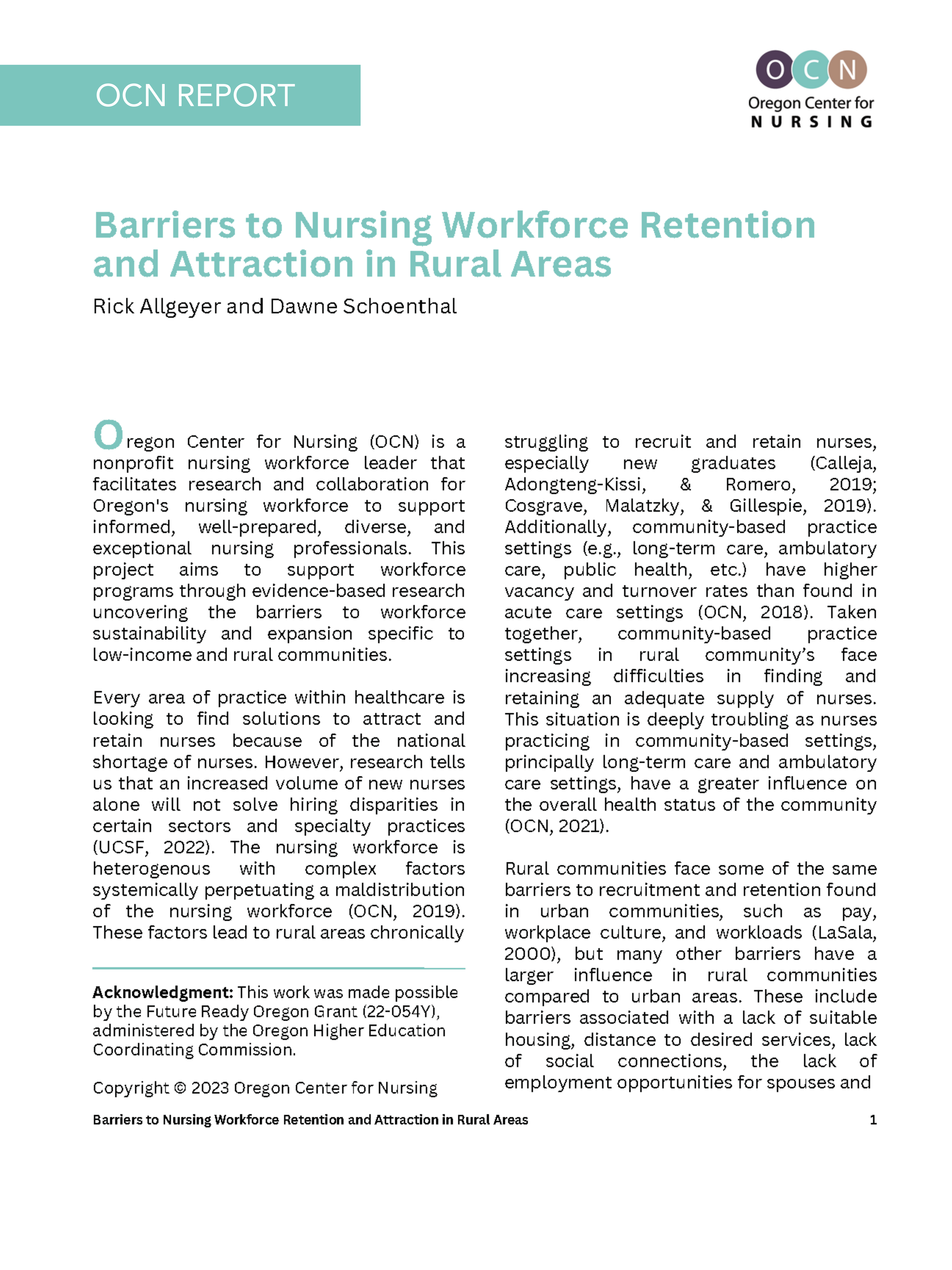 Cover image for the 2023 report "Barriers to Nursing Workforce Retention and Attraction in Rural Areas" by OCN.