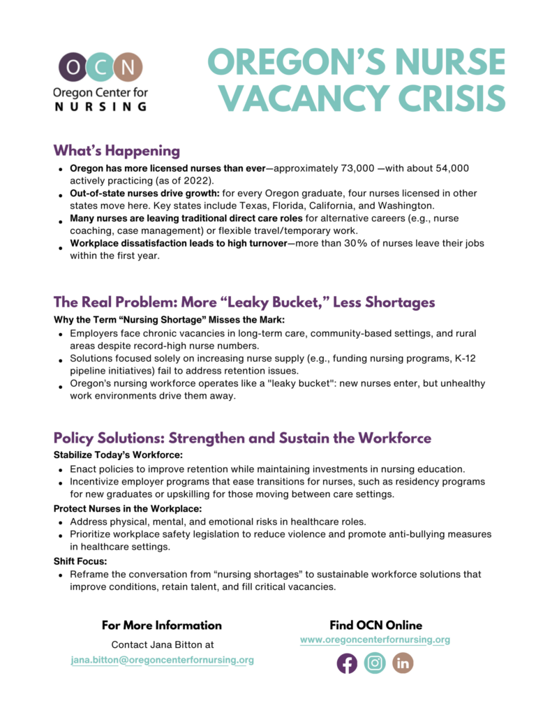 Cover page of Oregon’s Nurse Vacancy Crisis brief, published by the Oregon Center for Nursing in 2024.