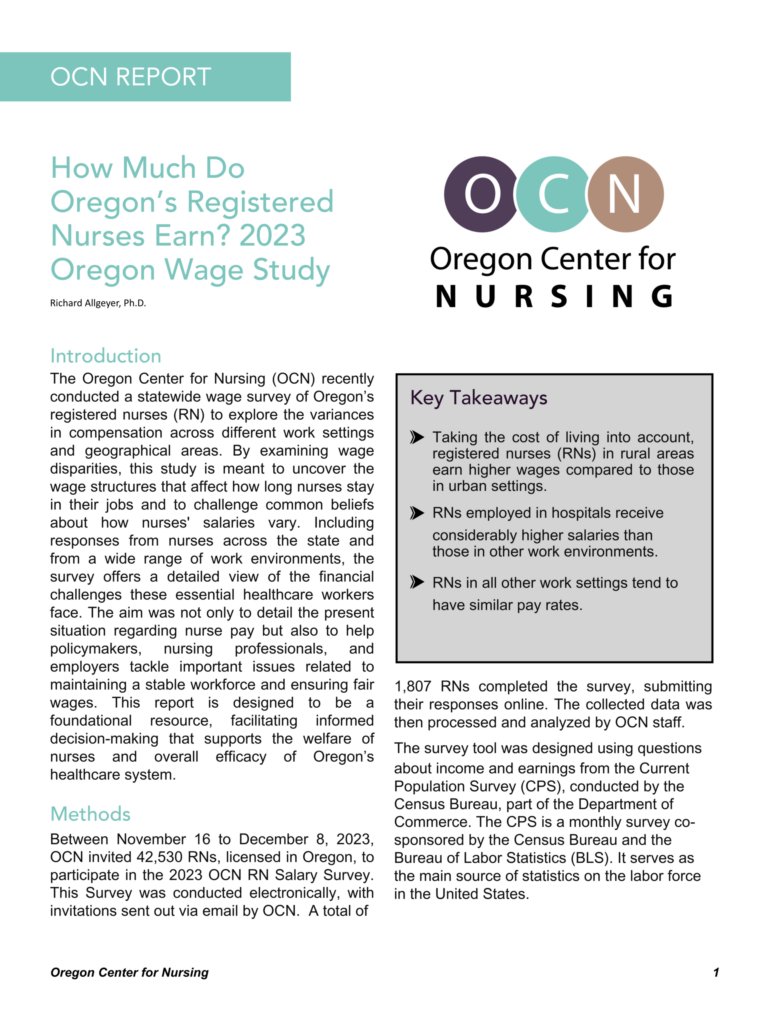 Cover image of the "2023 Oregon’s Registered Nurse Wage Study" report from the Oregon Center for Nursing.