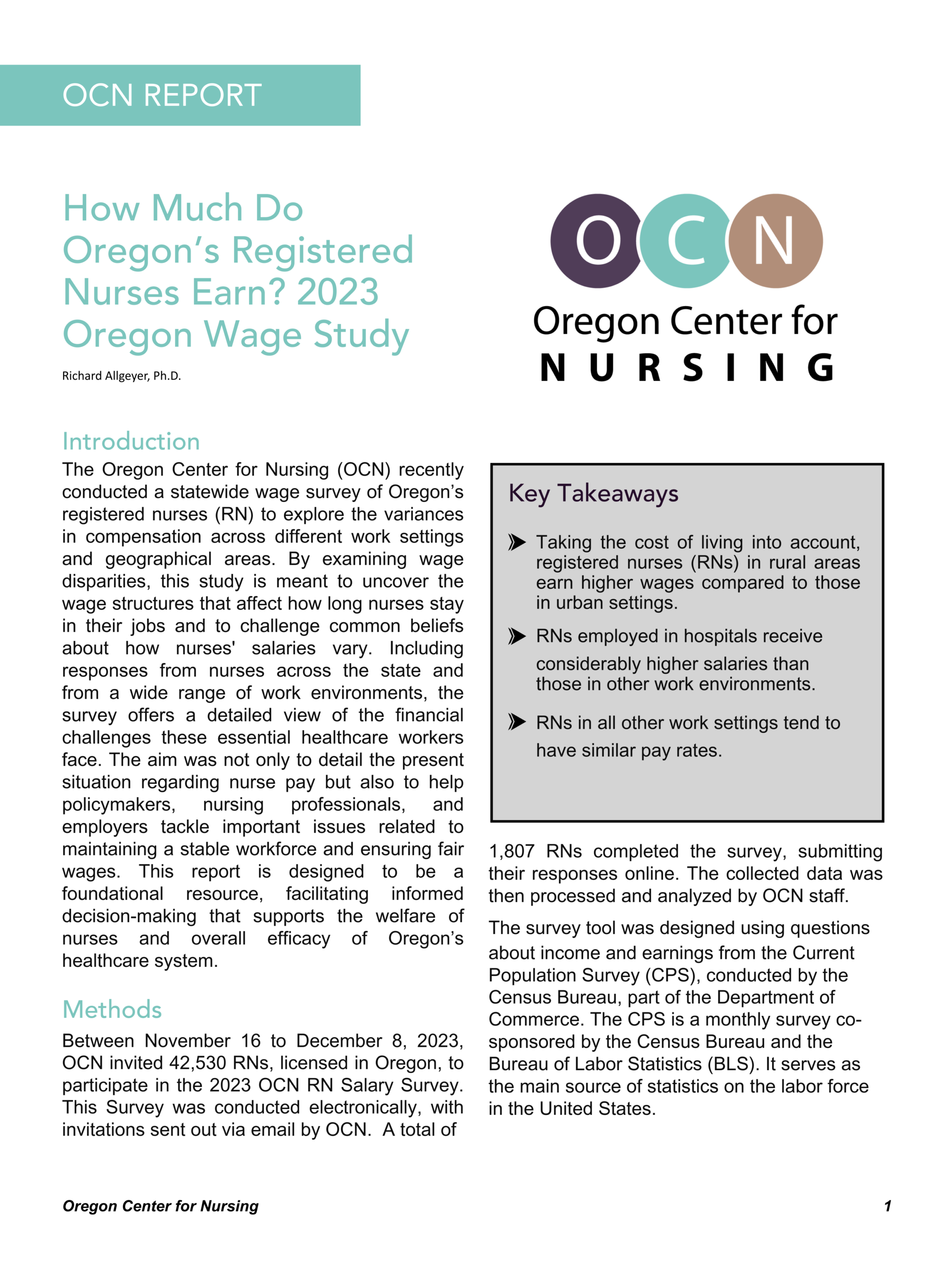 Cover image of the "2023 Oregon’s Registered Nurse Wage Study" report from the Oregon Center for Nursing.