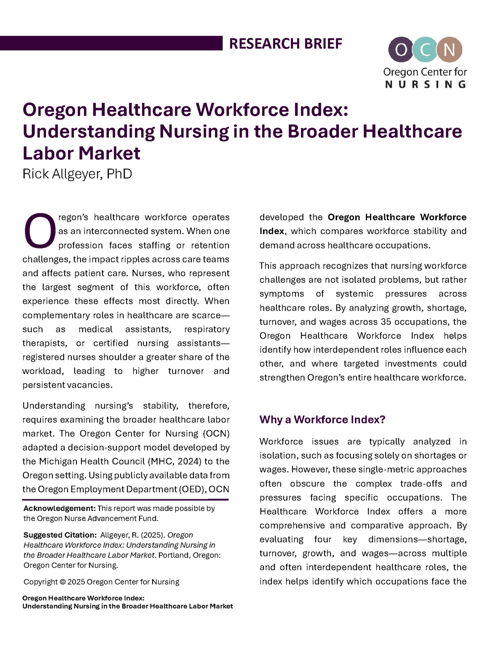 Cover of the 2025 Oregon Healthcare Workforce Index Report highlighting interdependent workforce dynamics