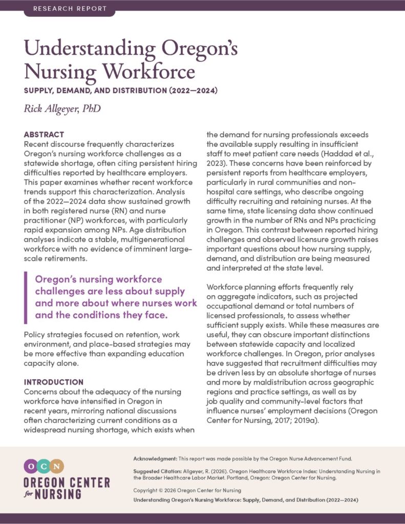 Cover page of Understanding Oregon’s Nursing Workforce: Supply, Demand, and Distribution (2022—2024) research report